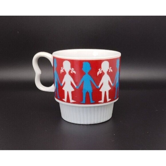 VTG MCM Stacking Coffee Cup Mug Paper Doll Boy Girl B Handle Japan Rare - Picture 2 of 6